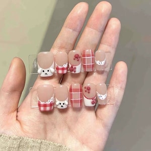 Kawaii puppy French Style Press On Nails|3D Premium Art Design Reusable Nails|Cute Fake Nails|Animal Charm Nails|Paw design Nails|gift her