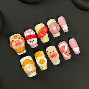 3D Piggy Bunny Donut Press On Nail|Kawaii Animals Reusable Nails|Cute Animal Nails|Charm Nails Manicure|Cat Paw Nails|Premium Nails Gift