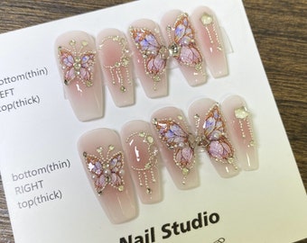 Butterfly Pink  Press On Nails Long|Bling Glam Aura Pink Nail|Premium Nails|Valentine Nail|Gift For Her Nail|Animal Nail Art|Gyaru Nails
