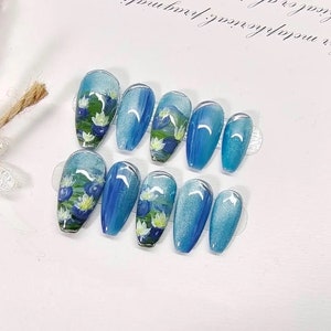Water Lilies Oil Painting Style Press On Nails|Les Nympheas Reusable Nails|Pure Hand-Painted Nails|Flower Sea Nails|Kawaii Design Nailscharm