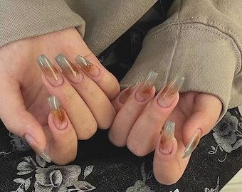 Brown And Green French Press On Nails|Ombre Reusable Nails|Premium Nail Sparkle|Coffin Fake Nails|Nail Art Design Manicure|Gift Gor Her