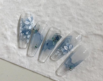 Flowers Ink Painting Hand-Painted Press On Nails|Florial Blue And Purple Nails|Elgant Nails Art|Premium Design Reusable Nails|Charm Nails