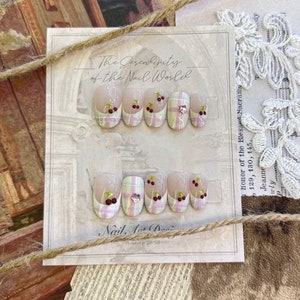 Cherry Hand-Painted Sweet Cute Press On Nails|check Kawaii Reusable Nails|French Style Sparkle Fake Nails|Hand-Painted Nail Art|Gift For He