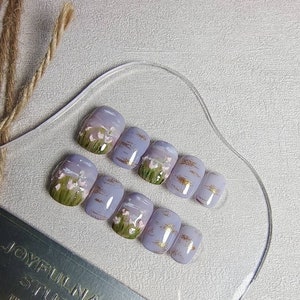 Pintura a óleo estilo Evening Flowers Short Press On Nails | Unhas reutilizáveis Evening Breeze Purple | Unhas pintadas à mão puras | Unhas de design kawaii