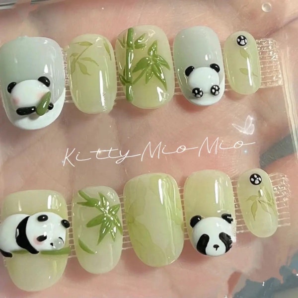 Kawaii 3D Panda Press On Nails|Bamboo Pure Hand-Painted Nails|Chinese Style Nails|Cute Design Fake Nails|Premium Summer Nails Stunning|Gift