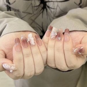 Unhas postiças estilo francês Ombre Brown Flower | Unhas postiças pintadas à mão | Unhas reutilizáveis Pearl Charms | Nail Art Premium | Presente para ela