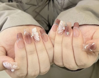 Brown Flower Ombre French Style Press On Nails| Hand-Painted Fake Nails|Pearl Charms Reusable Nails|Premium Nail Art|Gift For Her
