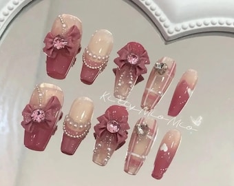 Dark Pink Princess Bowtie Press On Nails|Pearls Design Ombre French Reusable Nails|Cute Kawaii Fake Nails|Hand-Painted Nails|Charms Nails