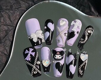 3D Purple Cross Kurommii Press On Nails| Anime Chain Kawaii Fake Nails|Y2K Reusable Nails|Japanese Cute Kawaii Nails|Girdling Nails|Gift Gir