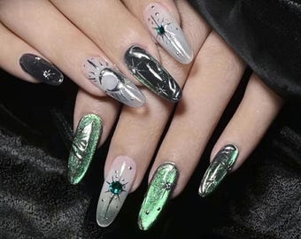 Black Star and moon Luxury Nails|Planet cat eye Silver Press On Nails|Cool Metal Style Nails| Gothic Nails Art|Irregular Design Nails|Gift