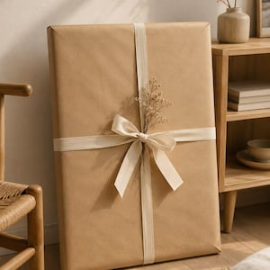 May include: A large rectangular object wrapped in plain brown kraft paper, secured with a cream-colored fabric ribbon tied in a bow at the center. A small sprig of dried beige flowers is tucked neatly behind the ribbon knot on the front surface.