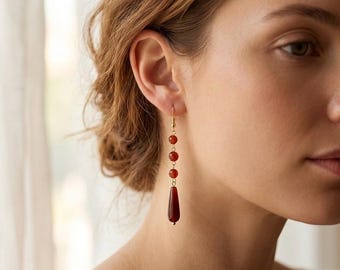 Natural Red Agate Dangle Earrings, Handmade 14K Gold Filled Long Tear-drop Carnelian Earrings, Minimalist Red Gemstone Jewelry, Gift for Her