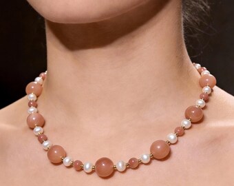 Natural Sunstone and Freshwater Pearl Necklace, 18K Gold-Plated Sterling Silver, Elegant Pearl necklace