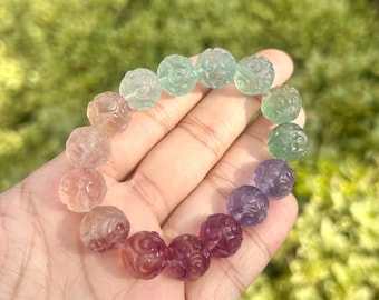 Gradent Rainbow Fluorite Carved Bead Bracelet – 13mm Natural Crystal Beads, Adjustable Length, Calming Energy Jewelry, healing gift