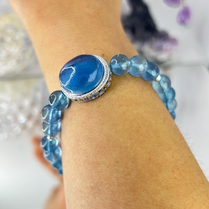 Unique high quality 8mm Blue aquamarine beaded bracelet with sterling silver S925