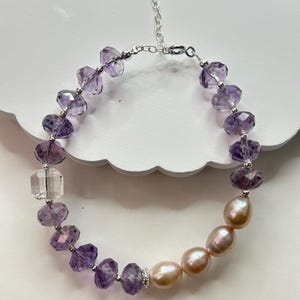 Amethyst & Pearl Sterling Silver Bracelet: Faceted Gemstone Jewelry