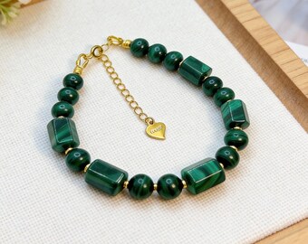 Natural Malachite Beaded Bracelet with Gold-Plated Sterling Silver Accent | Green Gemstone Jewelry, Healing Crystal, Boho Gift for Women