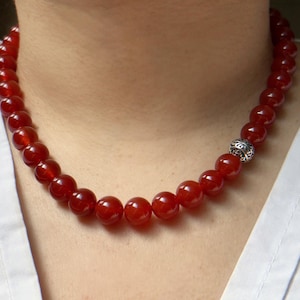 Elegant Red Agate Beaded Necklace & Bracelet Set – 10mm Natural Gemstones with Sterling Silver Accents, Handmade Jewelry