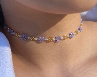 Flower beaded choker/necklace in purple and gold | Elegant valentines day gift for her | Handmade with beautiful glass beads