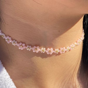 Flower beaded choker/necklace in Pink | Elegant valentines day gift for her | Handmade with beautiful glass beads