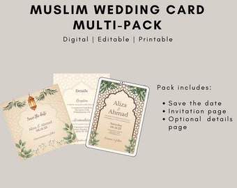 Élégant style arabe modifiable mariage musulman islamique / cartes Nikkah Multi-Pack - Personnalisez votre journée parfaite !