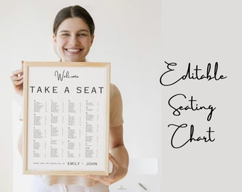 Emily Editable Alphabetical Wedding Seating Chart Template | Minimal Modern Design | Vertical and Horizontal Options | Easy to edit on Canva