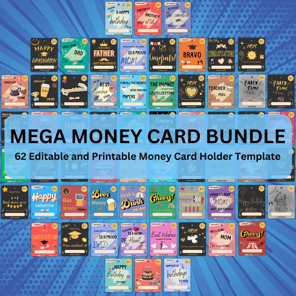 Mega Editable Money Cards Bundle | 62 Designs | PNG & SVG | Birthday, Mother's Day, Father's Day, Teacher's Day, Graduation, Wedding Gifts