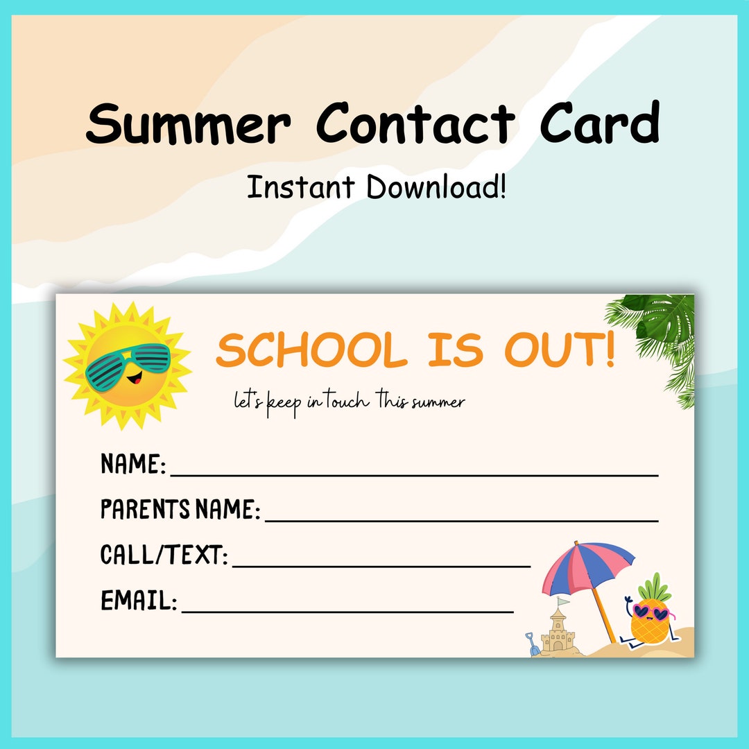 Printable Summer Contact Card for Kids End of School Playdate Card