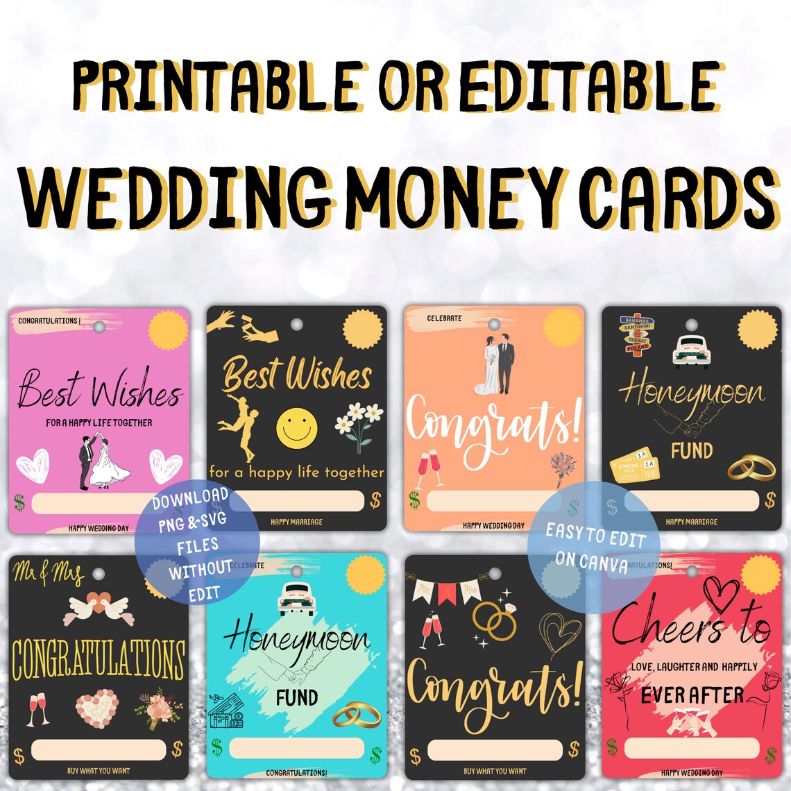 Editable Wedding Money Card Templates Cards Holder Bundle PNG &amp; SVG ...