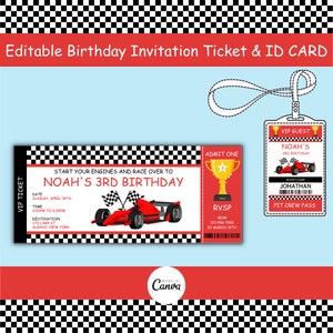 Race towards the best birthday celebration yet with our Editable Car Racing Birthday Invitation Ticket and ID Card Customizable on Canva!