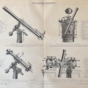 1885 Vintage Astronomie Druck Antike Astronomische Instrumente – Deutsche Sternwarten-Teleskope Illustration – Wissenschaftliche Wandkunst