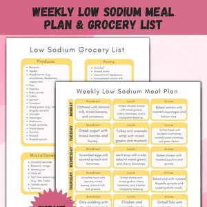 Weekly Low Sodium Planner & Grocery List Printable, Shopping List, Breakfast Lunch and Dinner Meal Planner Low Sodium Diet Food List