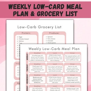 Wekelijks koolhydraatarm maaltijdplan & boodschappenlijst afdrukbaar, boodschappenlijst, ontbijt, lunch en diner maaltijdplanner Instant Download, voedsellijst