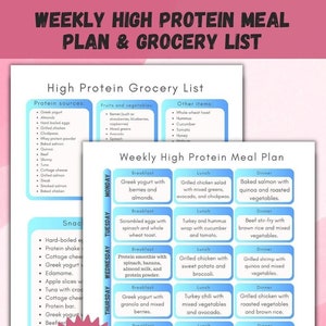 Weekly High Protein Meal Plan & Grocery List Printable, Shopping List, Breakfast Lunch and Dinner Meal Planner Instant Download, Food List