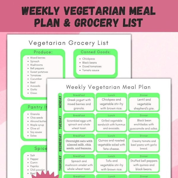 Weekly Vegetarian Meal Plan & Grocery List Printable, Shopping List, Breakfast Lunch and Dinner Meal Planner Instant Download, Food List