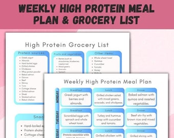 Weekly High Protein Meal Plan & Grocery List Printable, Shopping List, Breakfast Lunch and Dinner Meal Planner Instant Download, Food List