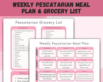 Weekly Pescatarian Meal Plan & Grocery List Printable, Shopping List, Breakfast Lunch and Dinner Meal Planner Pescatarian Diet Food List