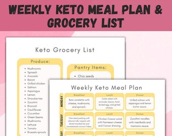 Weekly Keto Meal Plan & Grocery List Printable, Shopping List, Breakfast Lunch and Dinner Meal Planner Instant Download, Food List Keto Diet