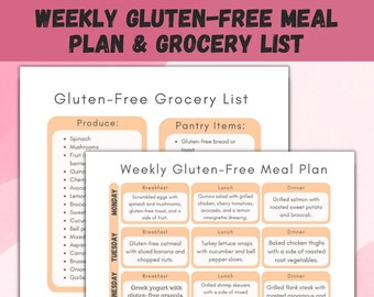 Weekly Gluten Free Meal Plan & Grocery List Printable, Shopping List, Breakfast Lunch and Dinner Meal Planner Instant Download, Food List