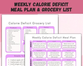Weekly Calorie Deficit Meal Plan & Grocery List Printable, Shopping List, Breakfast Lunch and Dinner Meal Planner Low Calorie Diet Food List