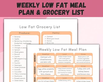 Weekly Low Fat Meal Plan & Grocery List Printable, Shopping List, Breakfast Lunch and Dinner Meal Planner Low Fat Diet Food List