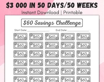 60 Dollar Savings Challenge Printable, Mini Savings Tracker, 50 Day Money Challenge, Savings Goal 3000 Dollars Monthly Budget Planner Log