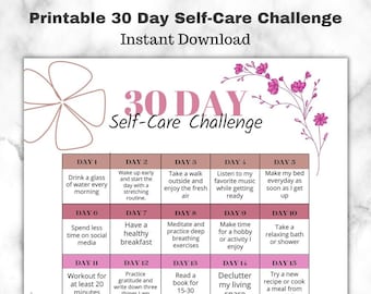 30 Day Self-Care Challenge, 1 Page Glow Up Challenge Printable, Self-Improvement, Minimalist 30-Day Tracker, Self-Help Self Love Checklist