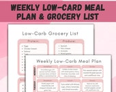 Weekly Low-Carb Meal Plan & Grocery List Printable, Shopping List, Breakfast Lunch and Dinner Meal Planner Instant Download, Food List