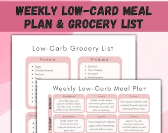 Weekly Low-Carb Meal Plan & Grocery List Printable, Shopping List, Breakfast Lunch and Dinner Meal Planner Instant Download, Food List