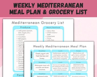 Weekly Mediterranean Meal Plan & Grocery List Printable, Shopping List, Breakfast Lunch and Dinner Meal Planner Instant Download, Food List