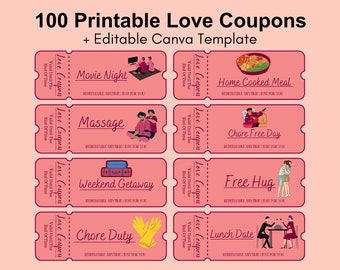 100 Printable Love Coupons for Him and Her, Couple Coupons, Valentines Day Gift, Romantic Anniversary Gift, Editable Canva Template, GF & BF