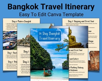 Bangkok Travel Itinerary, Bangkok Thailand Vacation, Travel Planner Canva Template, Travel Gift, Customizable Itinerary, Travel Checklist
