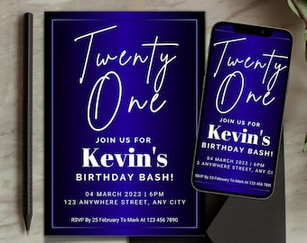 21st Birthday Party Invitation Canva Template, 21st Birthday Invite for Men, Digital Invitation, Editable Black and Blue Printable Invite