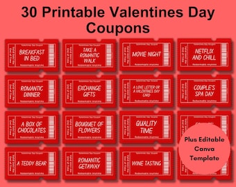30 Valentinstag Gutscheine zum Ausdrucken, Liebes Gutscheine, Valentinstag Geschenk, Romantisches Jubiläum Geschenk, Individuelles Couponbuch, Canva Vorlage